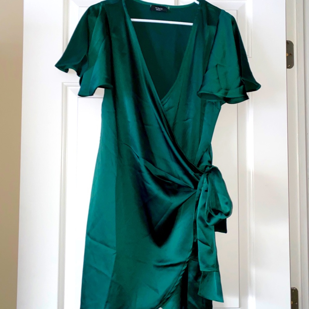 Vici Emerald Green Satin Wrap Mini Dress